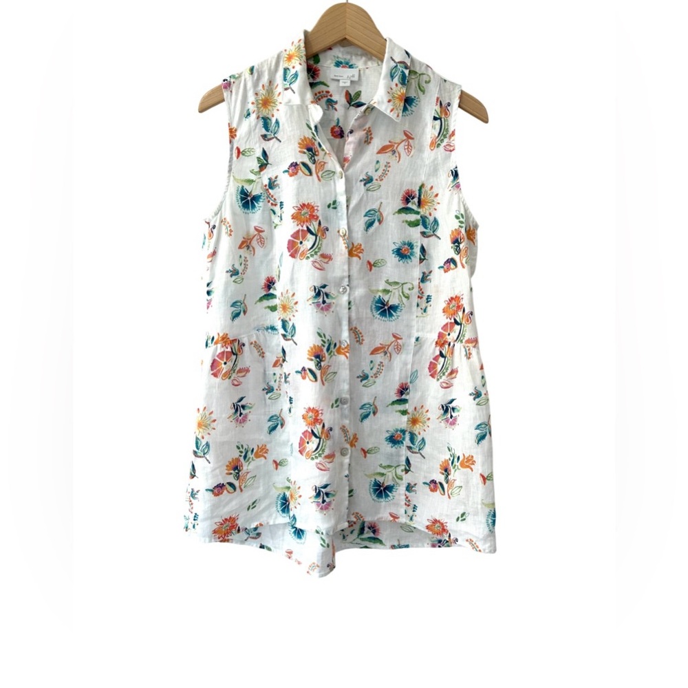 J. Jill women’s Linen Peplum Sleeveless Top S white multicolor floral coastal